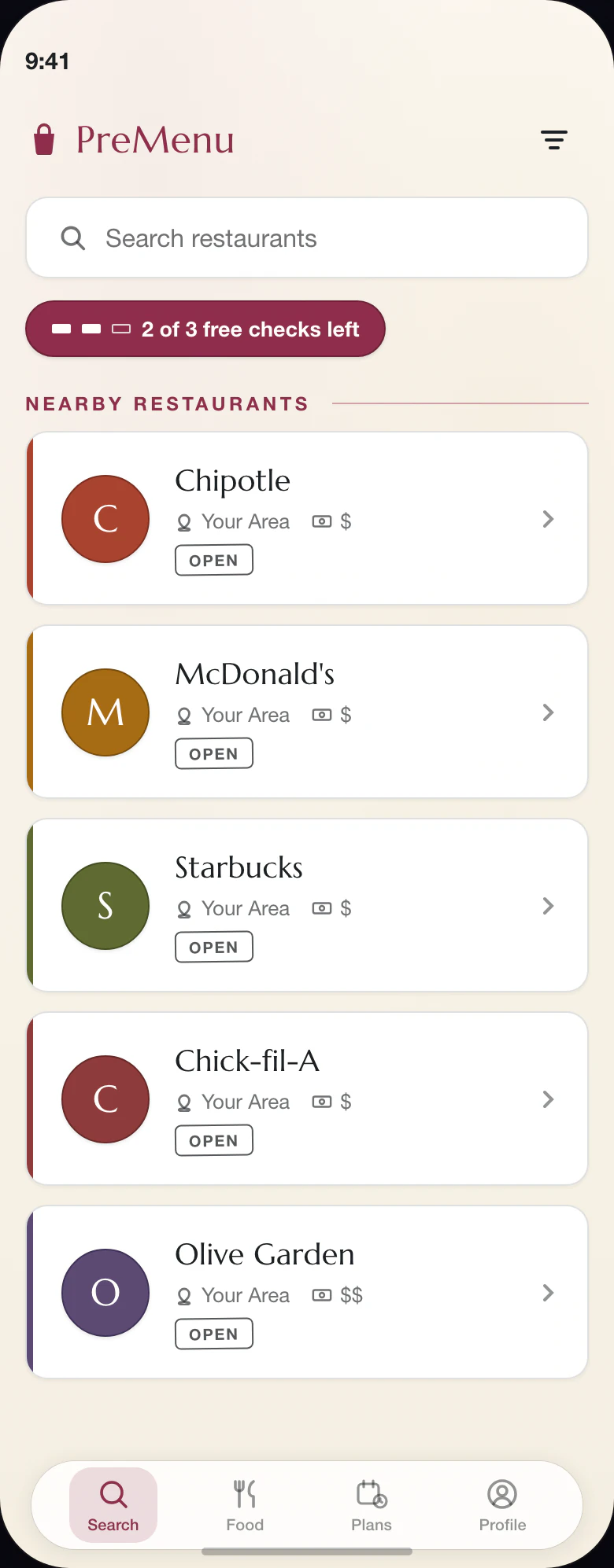 PreMenu search screen listing nearby restaurants